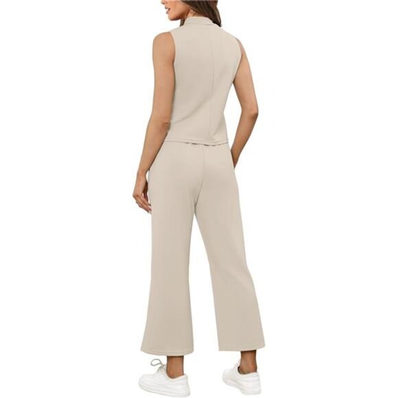 Women's 2-Piece Summer Set - Mock Neck‎ Top & Wide-Leg Crop Pants Lounge Outfit - Picture 5 of 7